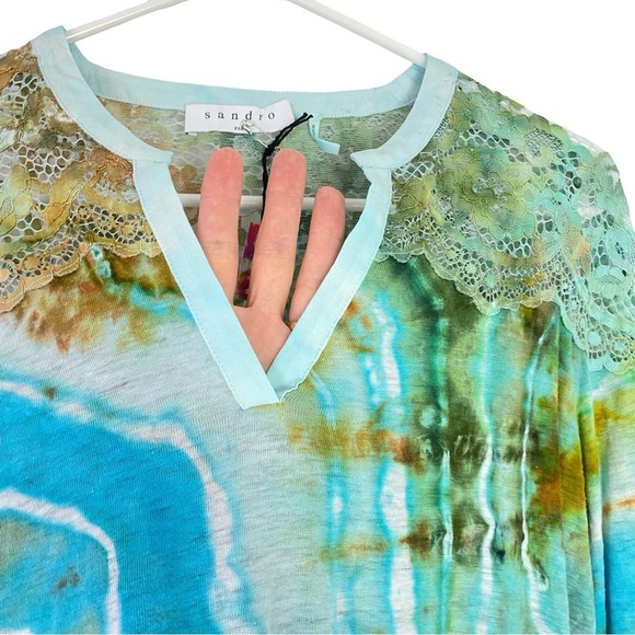 Sandro Tie Dye Shirt Womens Size Small 1 Tee Top Blouse Blue Linen Lace Paris - Picture 7 of 15